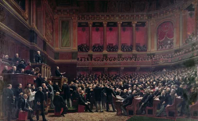 Louis Adolphe Thiers (1797-1877) wird von den Abgeordneten während einer Sitzung am 16. Juni 1877 gefeiert, ca. 1878